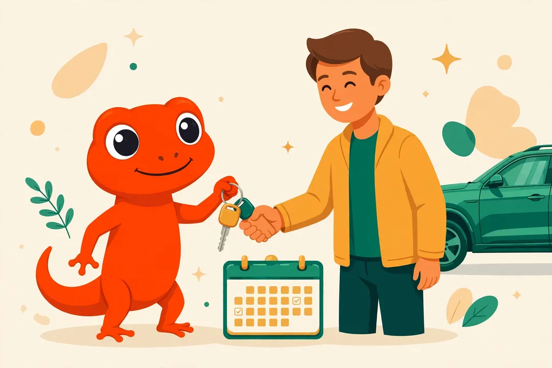 El gecko de Kambiax entregando las llaves al comprador